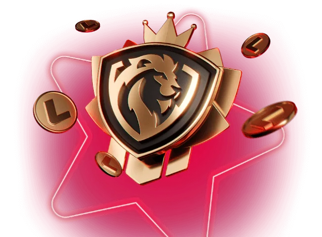 Gold LEON lion shield with a crown, ringed by gold coins on a pink star glow