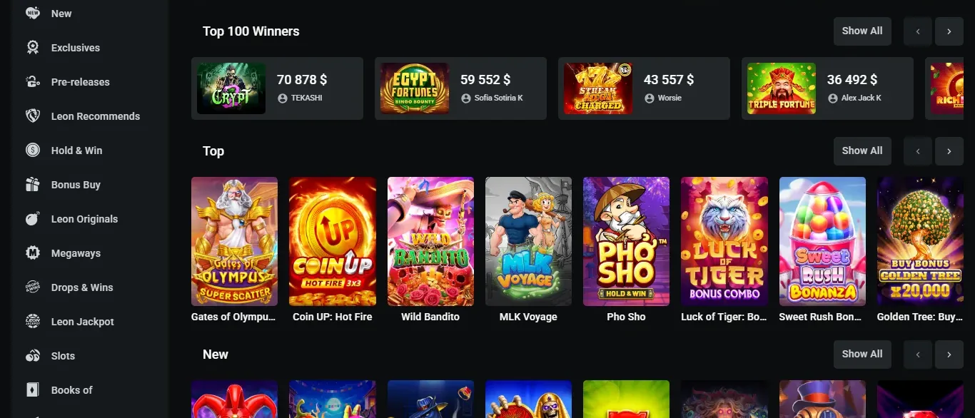 LEON casino lobby showing promo banners and rows of pokie tiles