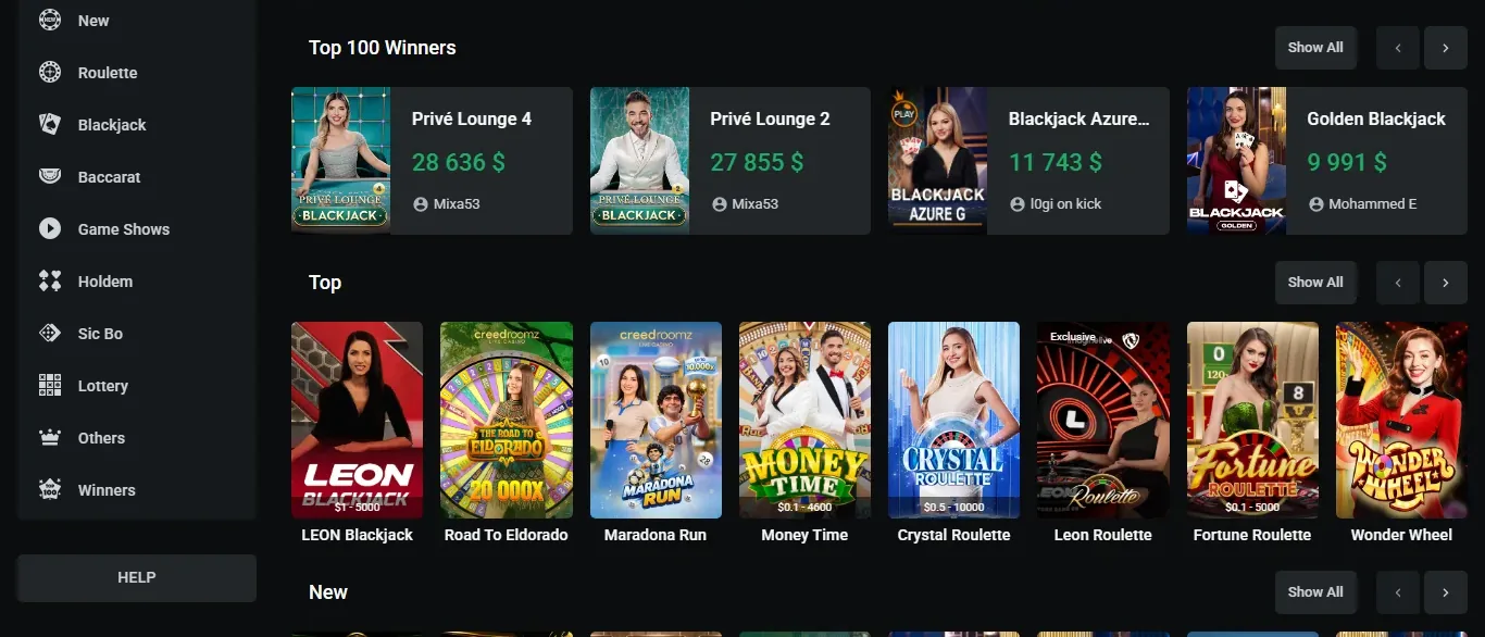 LEON live casino lobby with dealer tables and studio thumbnails