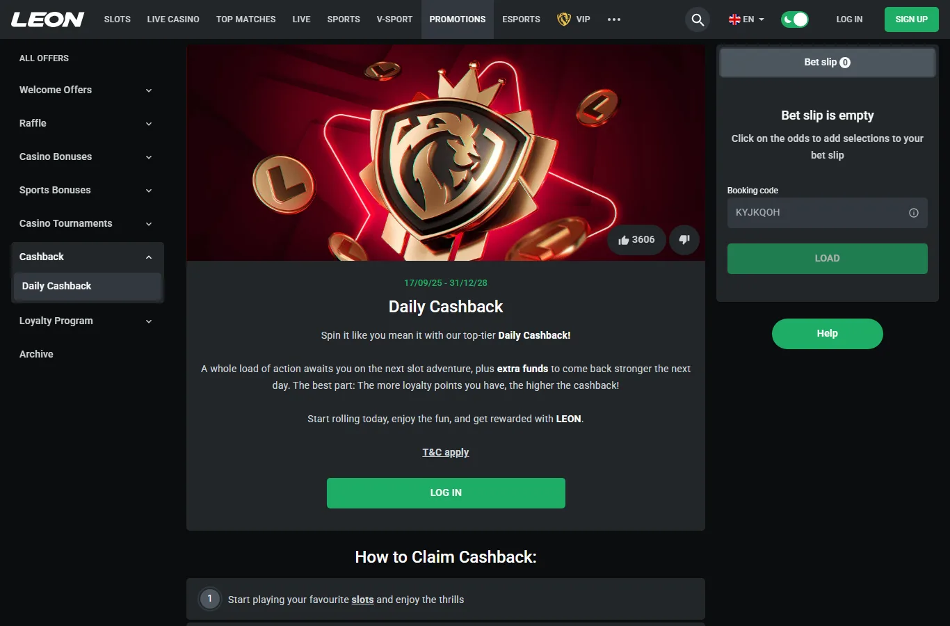 LEON daily cashback page explaining how the rebate is credited